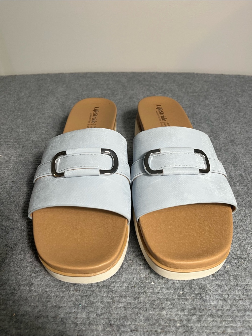 Life Stride Light Blue Slide Sandals with Silver Buckle